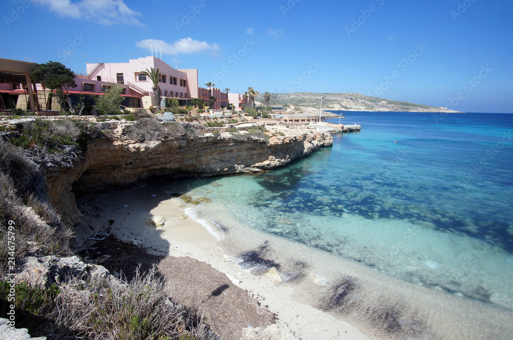 Abandoned hotel next to the beach on Comino (Kemmuna) Island, Malta