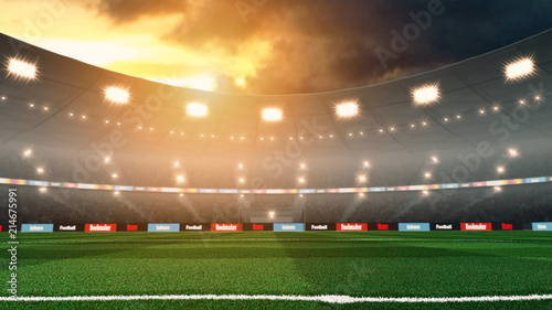 Empty sunset soccer stadium with lights and crowd. 3D render