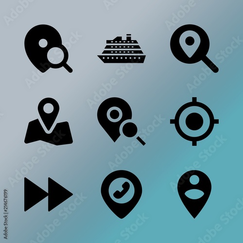 Vector icon set about location with 9 icons related to cruise, direction, male, home, efficiency, gray, route, objective, app and template