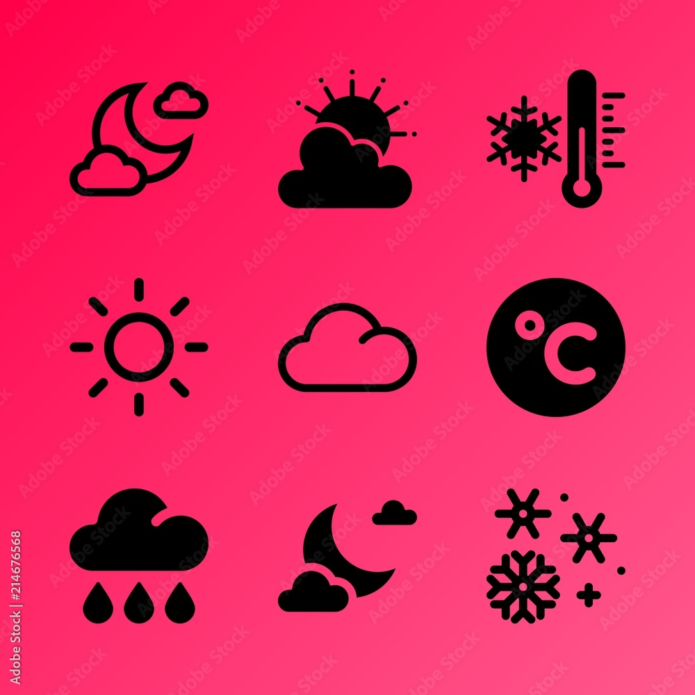 Vector icon set about weather with 9 icons related to new, december, summer, cold, lunar, ice, measuring, snowstorm, healthy and beauty