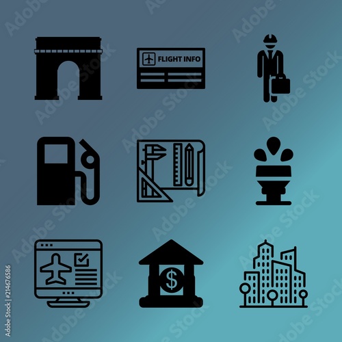 Vector icon set about building with 9 icons related to investment, europe, beautiful, communication, sunset, loan, pressure, smart, refueling and manager