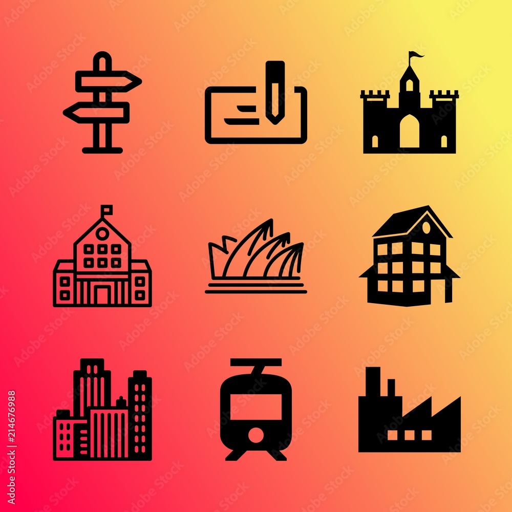 Vector icon set about building with 9 icons related to panorama, processing, summer, nation, building, apartment, map, coin, gas and generator