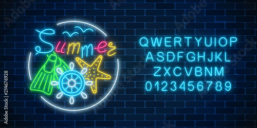 Glowing neon sign of summer begin party with alphabet and sea star, flippers, handwheel. Summer party leaflet.