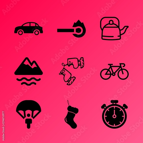Vector icon set about fitness and sport with 9 icons related to package, handle, beverage, flammable, spoke, team, seat, summer, breakfast and morning