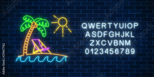 Glowing neon summer sign with alphabet, palm, sun, chaise-longue. Shiny summertime symbol.