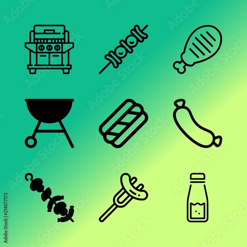 Vector icon set about barbecue with 9 icons related to leg, charcoal, hot, pepper, protein, spicy, skewers, fresh, ketchup and tenderloin