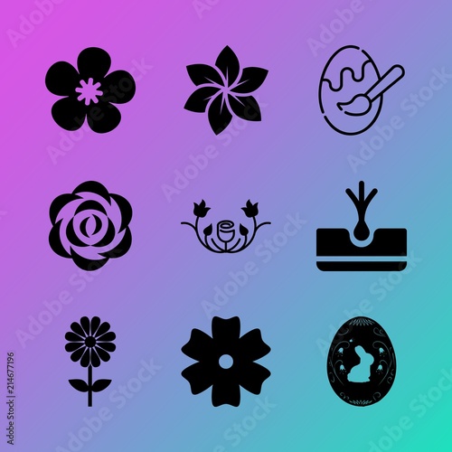 Vector icon set about flowers with 9 icons related to seasonal, tuberous, rustic, camomile, meadow, chamomile, sunlight, bunny, flower and decorative