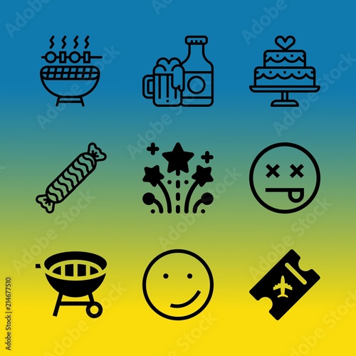 Vector icon set about birthday party with 9 icons related to display, cake, vector, night, beer, meat, soccer, wood, explosion and flower