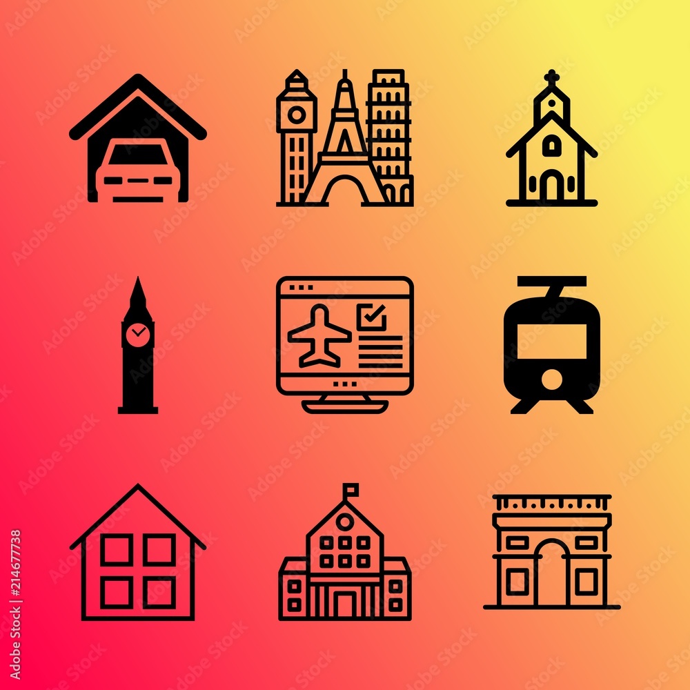Vector icon set about building with 9 icons related to background, arc de triomphe, group, historical, gothic, waiting, bag, classic, trip and lifestyle