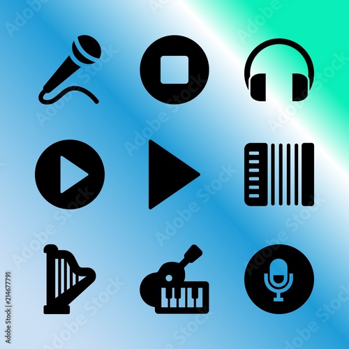 Vector icon set about music player with 9 icons related to band, decoration, stop, application, data, software, single, geometric, futuristic and palm
