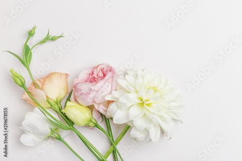 Bouquet of flowers in gentle tones, top view