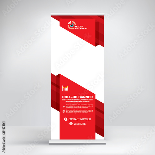 Roll-up design, modern graphic style, banner for advertising goods and services, stand for exhibitions, presentations, conferences, seminars. Abstract red background for posting photos and text. photo