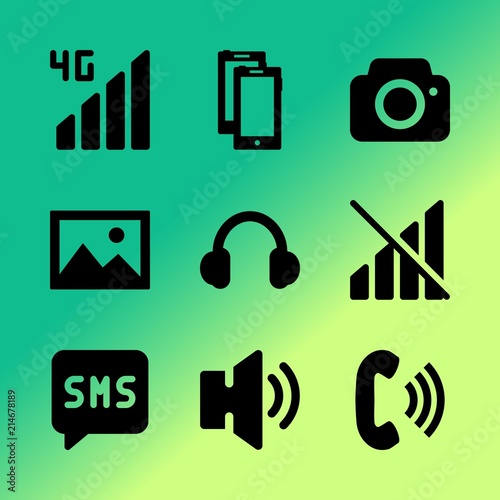 Vector icon set about mobile device with 9 icons related to speech, info-graphics, man, send, soundtrack, signal, hand, leisure, cyberspace and card