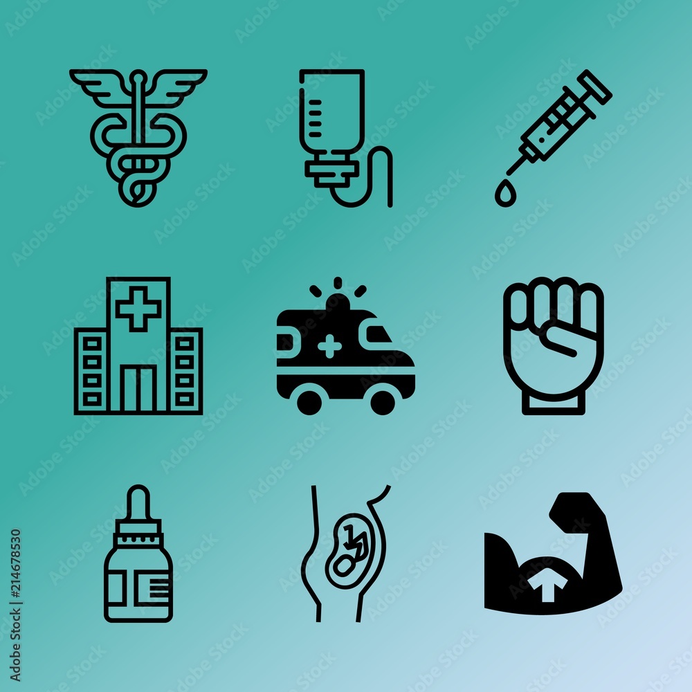 Fototapeta premium Vector icon set about medicine with 9 icons related to maternal, home, communicate, expecting, male, body, lights, fast, treatment and protect
