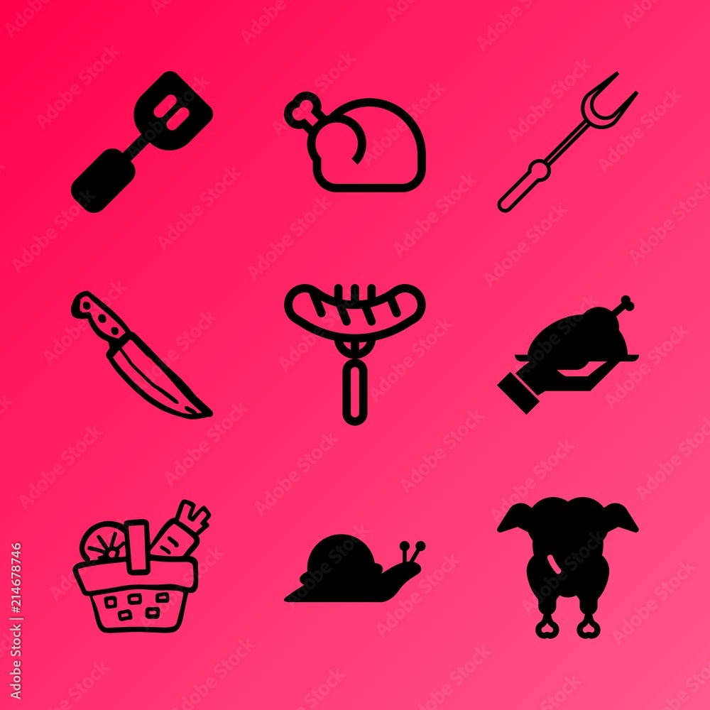 Vector icon set about kitchen with 9 icons related to various, dill, different, bratwurst, group, cuisine, menu, abstract, internet and utensils