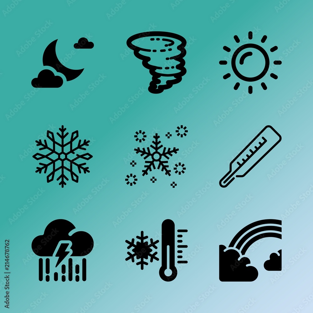 Vector icon set about weather with 9 icons related to tool, glow, cartoon, electric, outdoor, decorative, storm, purple, white and glare