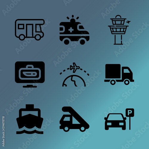 Fototapeta Naklejka Na Ścianę i Meble -  Vector icon set about transport with 9 icons related to spanner, red, window, metal, highway, shipping, wildlife, aviation, accident and family