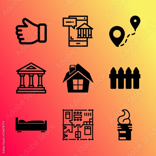 Vector icon set about home with 9 icons related to child, sunny, relaxation, rooftop, hot, project, phone, yard, culture and street