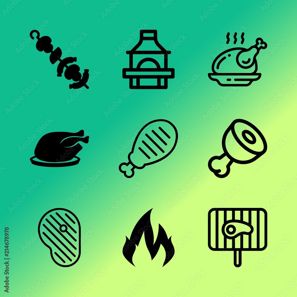 Vector icon set about barbecue with 9 icons related to detail, energy, danger, meat, set, spice, cooking, american, protein and orange