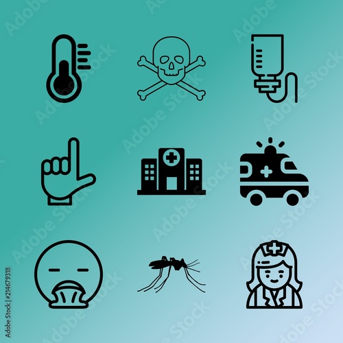 Vector icon set about medicine with 9 icons related to medication, drug, high, death, instrument, hallway, zika, casual, closeup and unhygienic