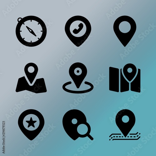 Vector icon set about location with 9 icons related to stop, navigation, people , element, maps, message, faceless, ui, orienteering and address