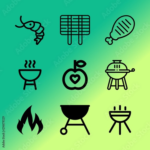 Vector icon set about barbecue with 9 icons related to appetizer, charcoal, legs, nutrition, fried, grate, black, leg, dinner and hot
