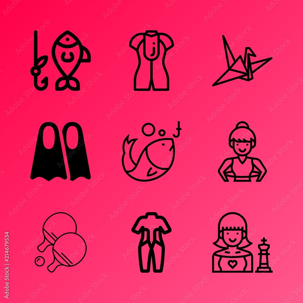 Vector icon set about hobby with 9 icons related to tourism, mask, sunny, surfboard, happy, object, accessories, free time, adult and swimwear Vector icon set about hobby with 9 icons related to tourism, mask, sunny, surfboard, happy, object, accessories, free time, adult and swimwear