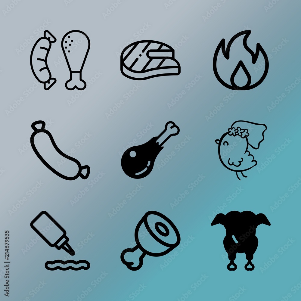 Obraz premium Vector icon set about barbecue with 9 icons related to sauce, organic, dining, rural, fast, poultry, barbecue, burn, rosemary and top
