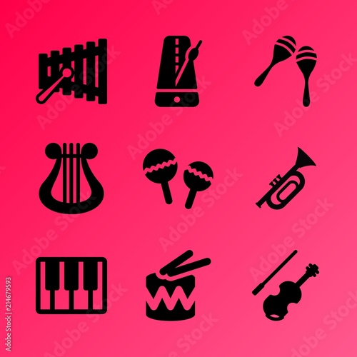 Vector icon set about music instruments with 9 icons related to  music, artistic, illustration, beautiful, trommel, tune, piano, orchestra, metronome and creative