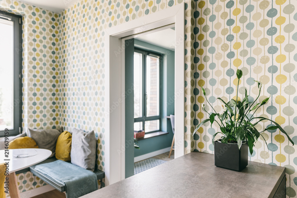 Fototapeta premium Dining room scandinavian style interior, studio apartment design