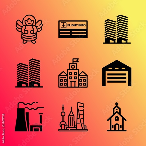Vector icon set about building with 9 icons related to indoor, tool, district, bund, wedding, dusk, student, wooden, cityscape and meeting