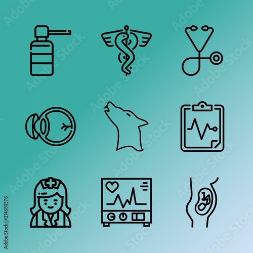 Vector icon set about medicine with 9 icons related to symbol, pregnant, aid, head, silhouette, curve, girl, tablet, friendship and optometric