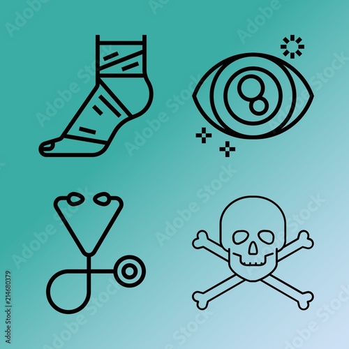 Vector icon set about medicine with 4 icons related to beautiful, young, damage, nurse, dressing, stethoscope, closeup, nearsighted, patch and illustration