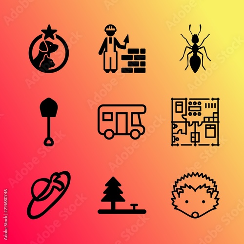 Vector icon set about home with 9 icons related to worker, hand, pet, sport, animal, detail, meeting, engineer, leaf and pest