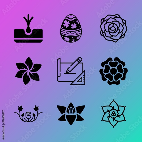 Vector icon set about flowers with 9 icons related to closeup, decor, ink, tuberous, bud, raw, border, invitation, day and text