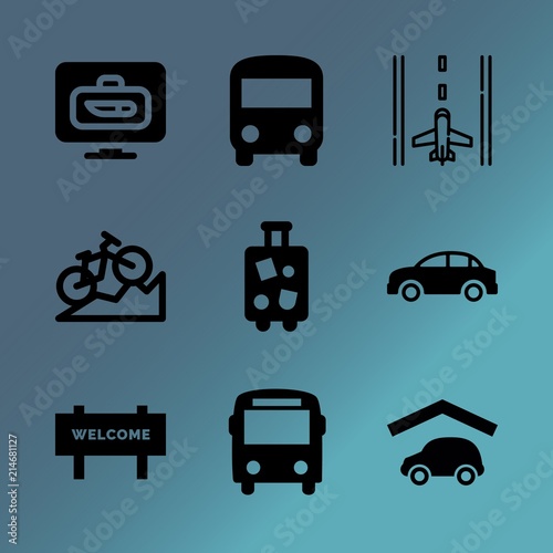 Vector icon set about transport with 9 icons related to man, trunk, boarding, exploring, sky, automobile, luggage, runway, track and roof rack