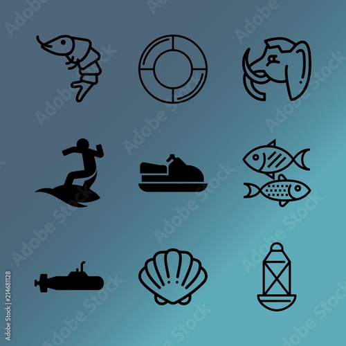 Vector icon set about sea with 9 icons related to wake, cockleshell, jurassic, symbol, saver, garlic, splash, leisure, scooter and surfboard