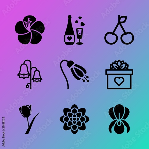 Vector icon set about flowers with 9 icons related to paradise, season, valentines, sign, clip, couple, day, natural, drawing and harebell
