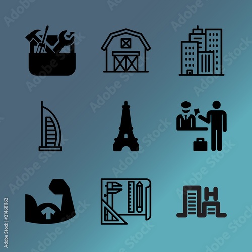 Vector icon set about building with 9 icons related to terminal, water, wall, wooden, landmark, service, floor, international, relaxation and beautiful