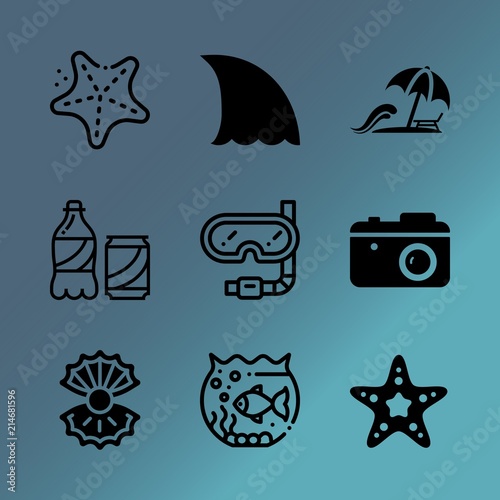 Vector icon set about sea with 9 icons related to blue, camera, adventure, diver, bottle, art, tree, beach, fish and refreshment