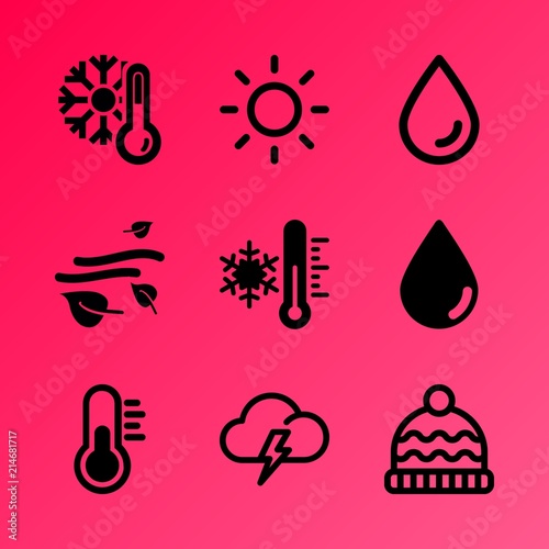 Vector icon set about weather with 9 icons related to glare, light, japanese, personal, climate, freezer, wear, card, sunshine and grass