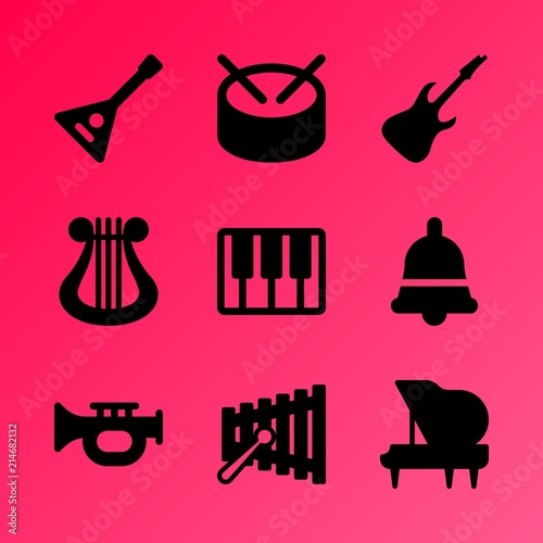 Vector icon set about music instruments with 9 icons related to toy, stick, mallet, tone, band, gusli, musical, shape, design and key