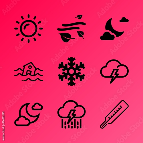 Vector icon set about weather with 9 icons related to blur, effect, protection, urban, card, insurance, feminine, thunder, ornament and catastrophic