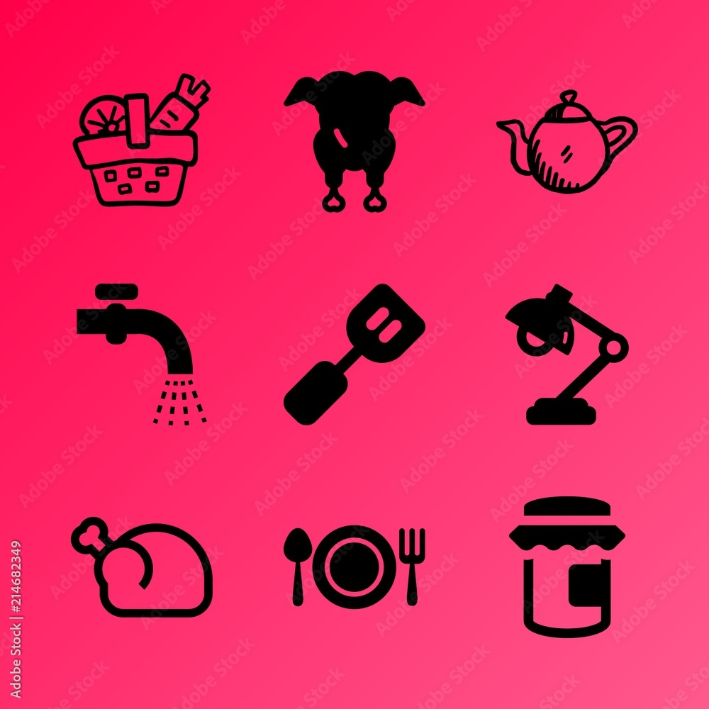 Vector icon set about kitchen with 9 icons related to pot, chicken, panel, glass, blurred, roasted, ingredient, vegetarian, meat and fried Vector icon set about kitchen with 9 icons related to pot, chicken, panel, glass, blurred, roasted, ingredient, vegetarian, meat and fried