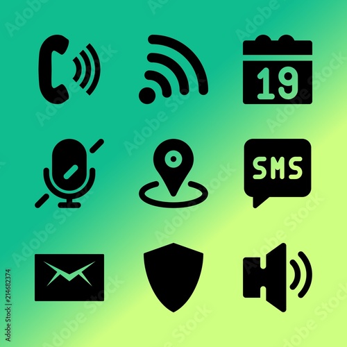 Vector icon set about mobile device with 9 icons related to alarm, group, time, blank, bubble, social, design, microphone, interval and pointer