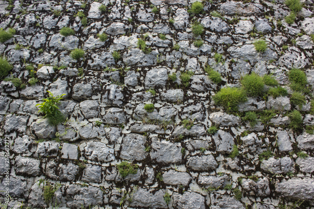 old gray stone wall with grass background texture concept old gray stone wall with grass background texture concept