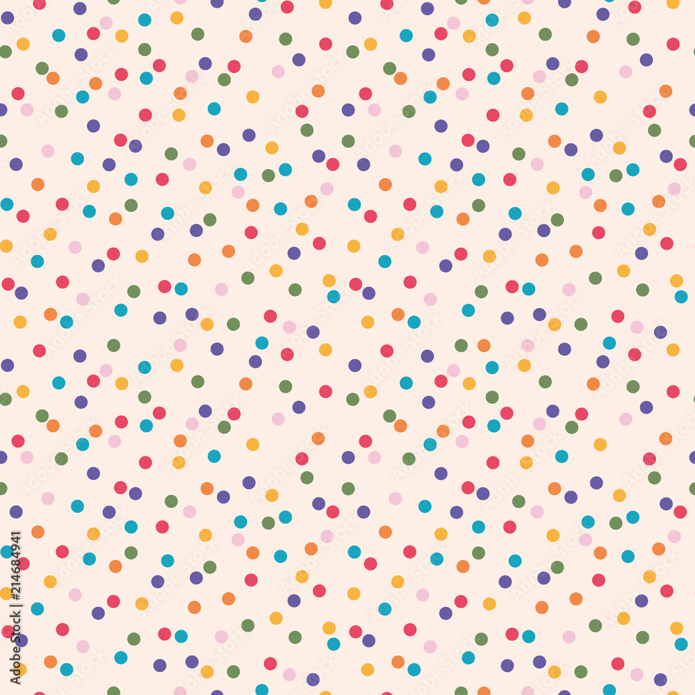 Seamless colorful wild polka dot pattern on light background. Suitable for  party invitations, card design or offbeat fabrics. Stock Vector