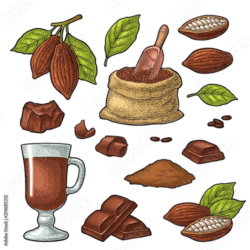 Chocolate piece, bar and shave. Vector vintage black engraving
