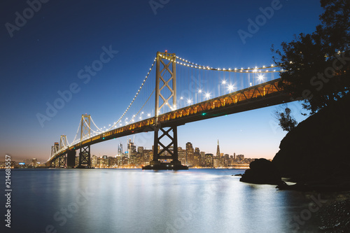 San Francisco skyline with Bay Bridge at twilight, California, USA