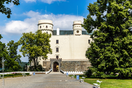 Orlik castle with blue sky and trees-Orlik nad Vltavou South Bohemia, Czech Republic